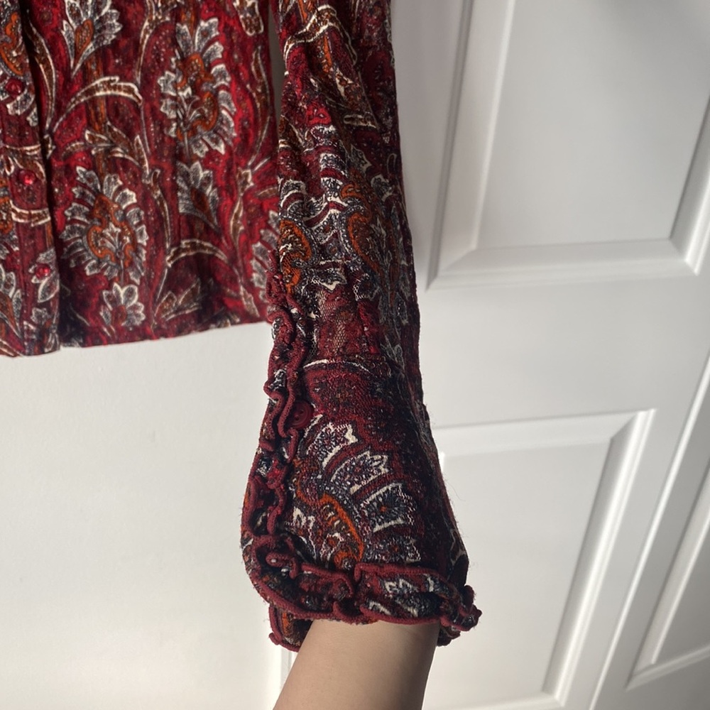 Inc - Dark Red Button Down Geometric Pattern V-Ne… - image 4